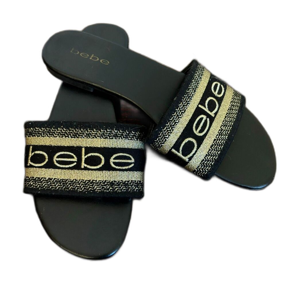 Y2K Bebe size 7.5 Monogram Logo Gold and Black Summer Beach Slides
